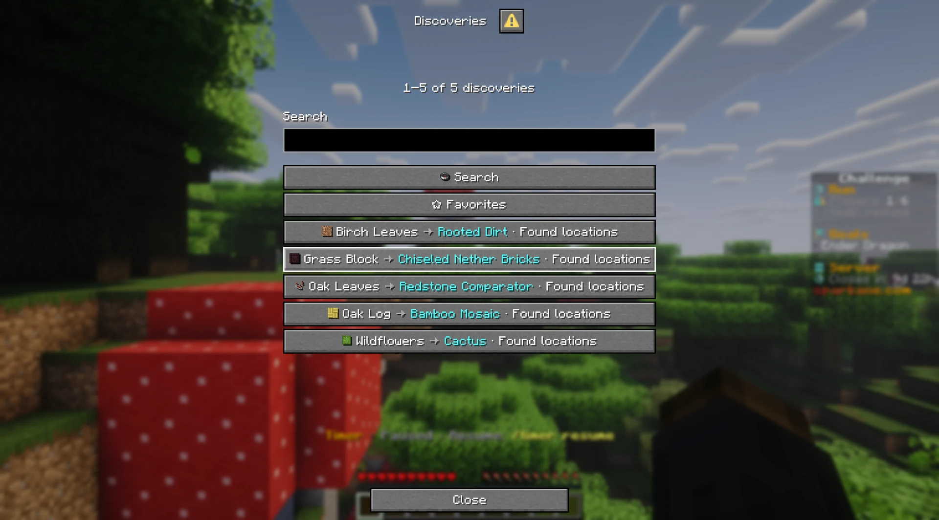 The discoveries book lists five found block drops, including wildflowers to cactus.