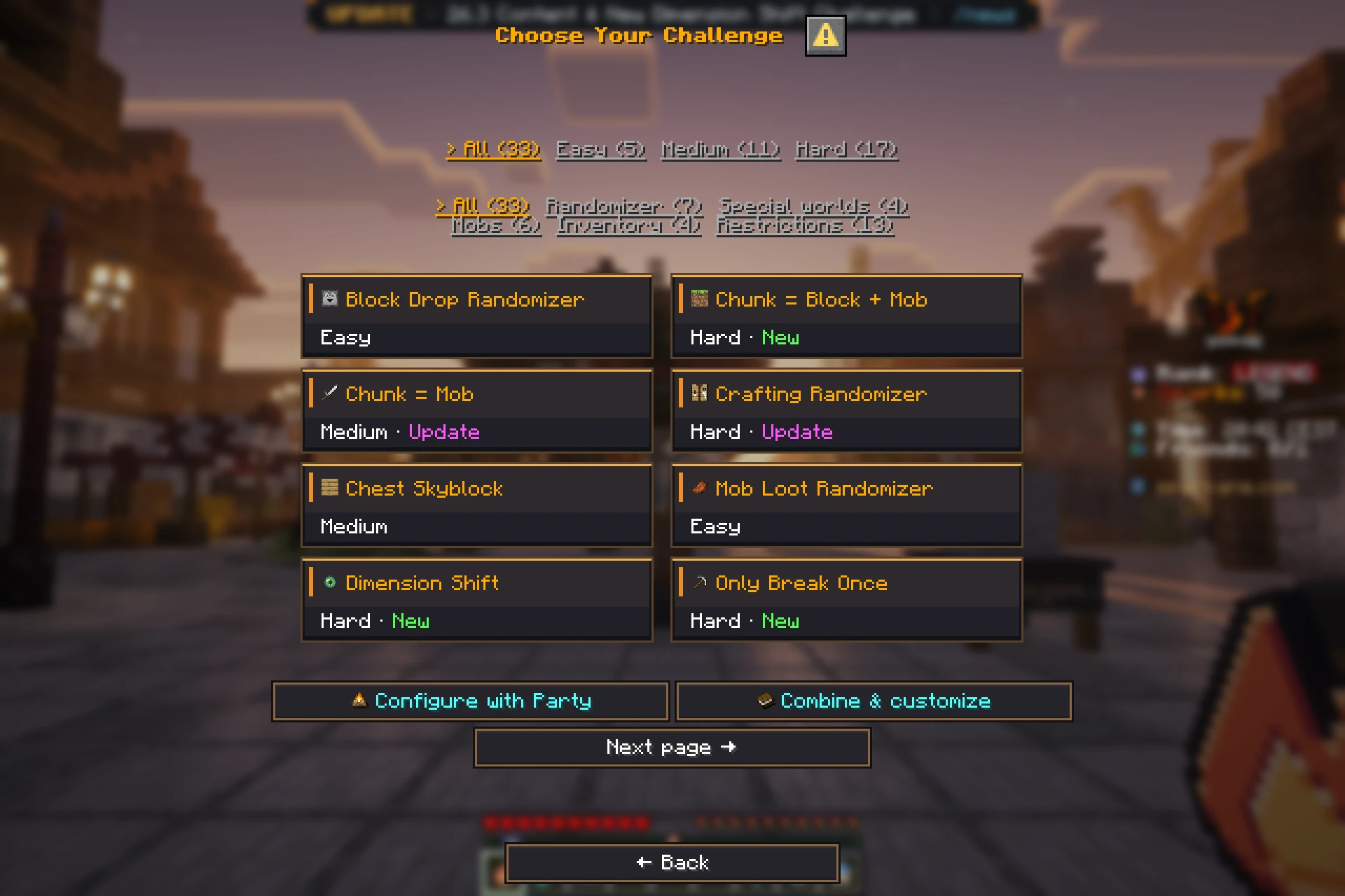 The English challenge selection menu with difficulty and category filters and eight challenge cards with New and Update badges.