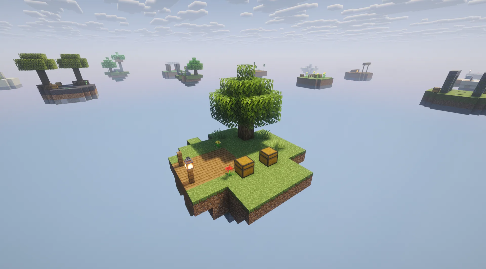 Small starter island with a tree, two chests and a lantern; more islands float beyond it over the void.
