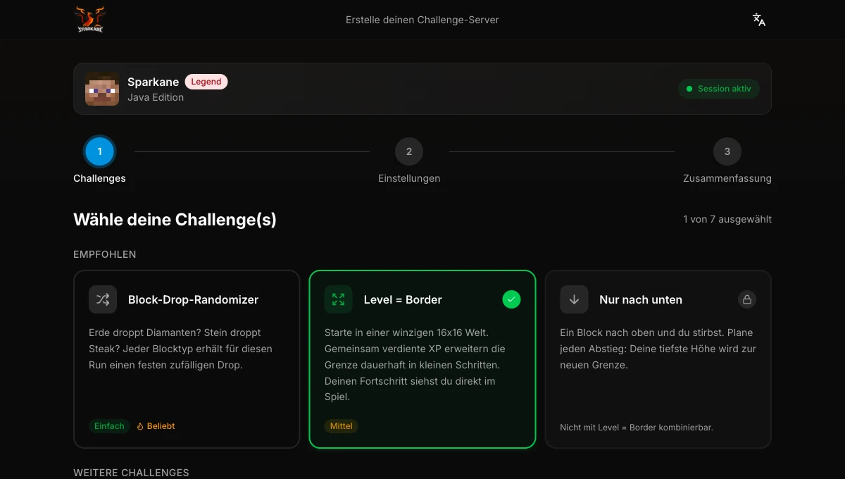 Web-Konfigurator mit ausgewähltem Level = Border und weiteren auswählbaren Challenges