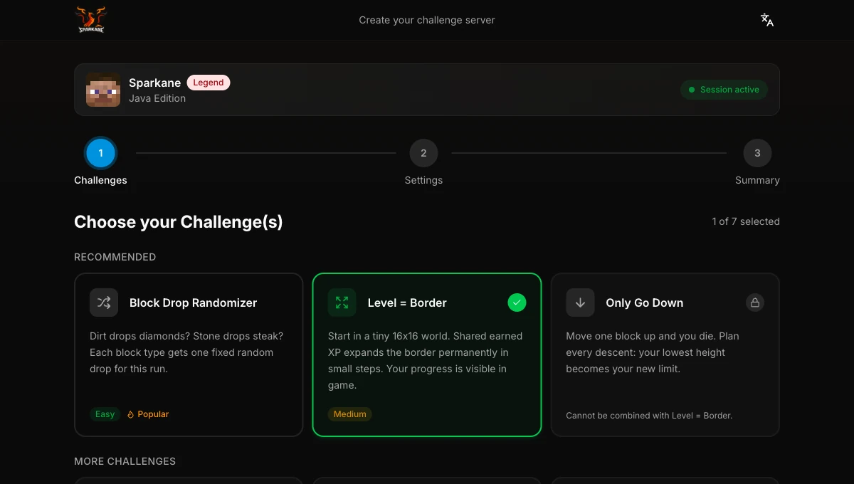 Web configurator with Level = Border selected and more available challenges