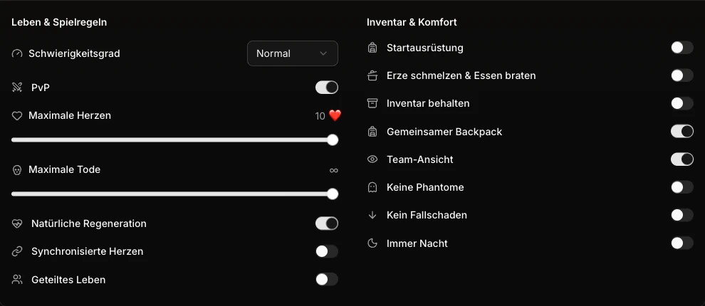 Web-Konfigurator mit Reglern für Herzen und Tode sowie Schaltern für PvP, Regeneration und gemeinsamen Rucksack