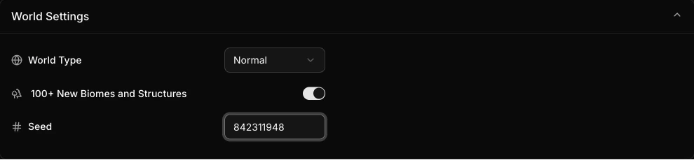 Web configurator with world type, additional biomes enabled, and a custom seed
