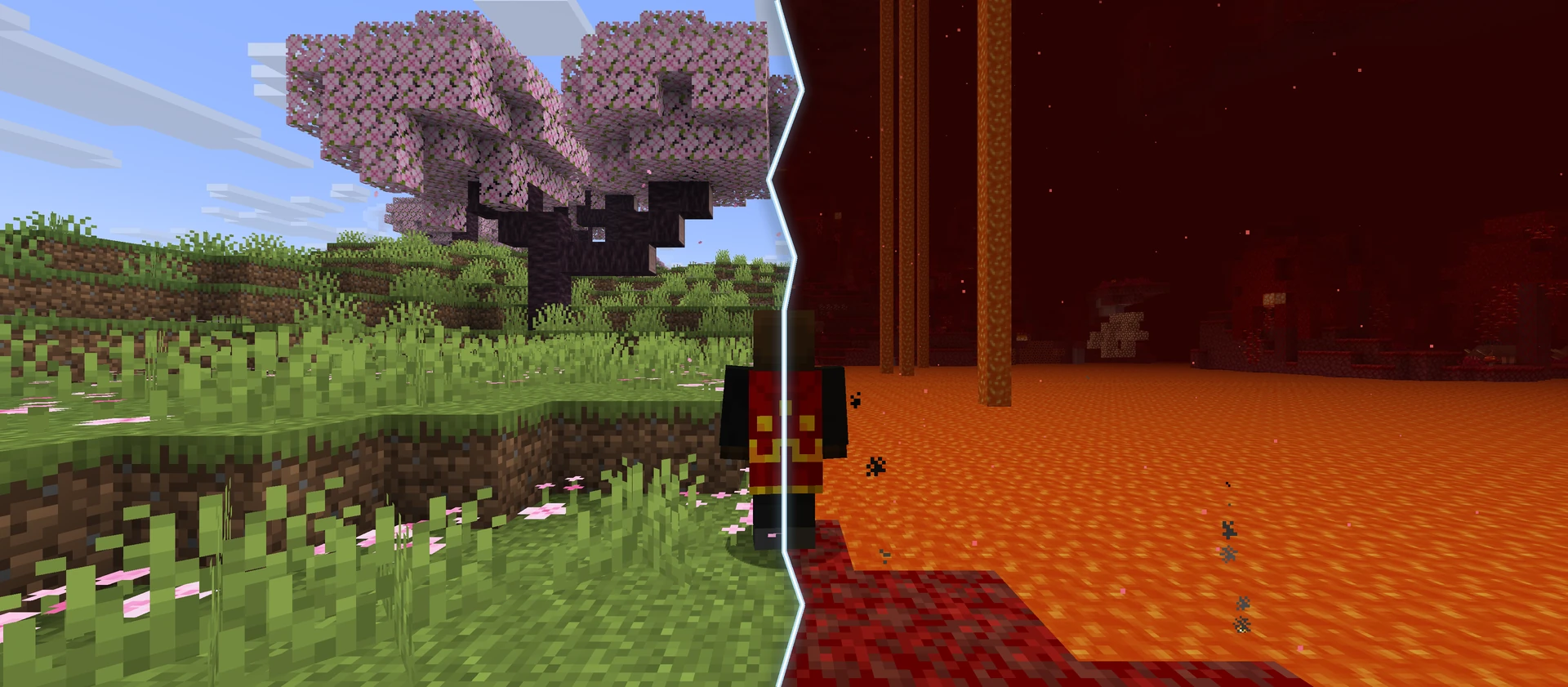 A composite of two Minecraft screenshots: a cherry grove in the Overworld on the left, a Nether lava lake on the right, and a split player in the centre.