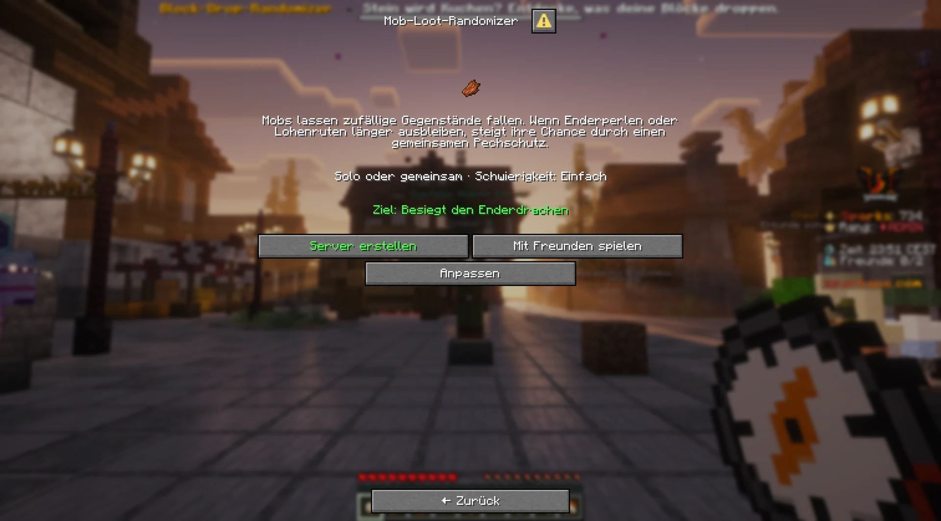Die Detailansicht der Mob-Loot-Randomizer-Vorlage in der Sparkane-Lobby mit Starten und Anpassen.
