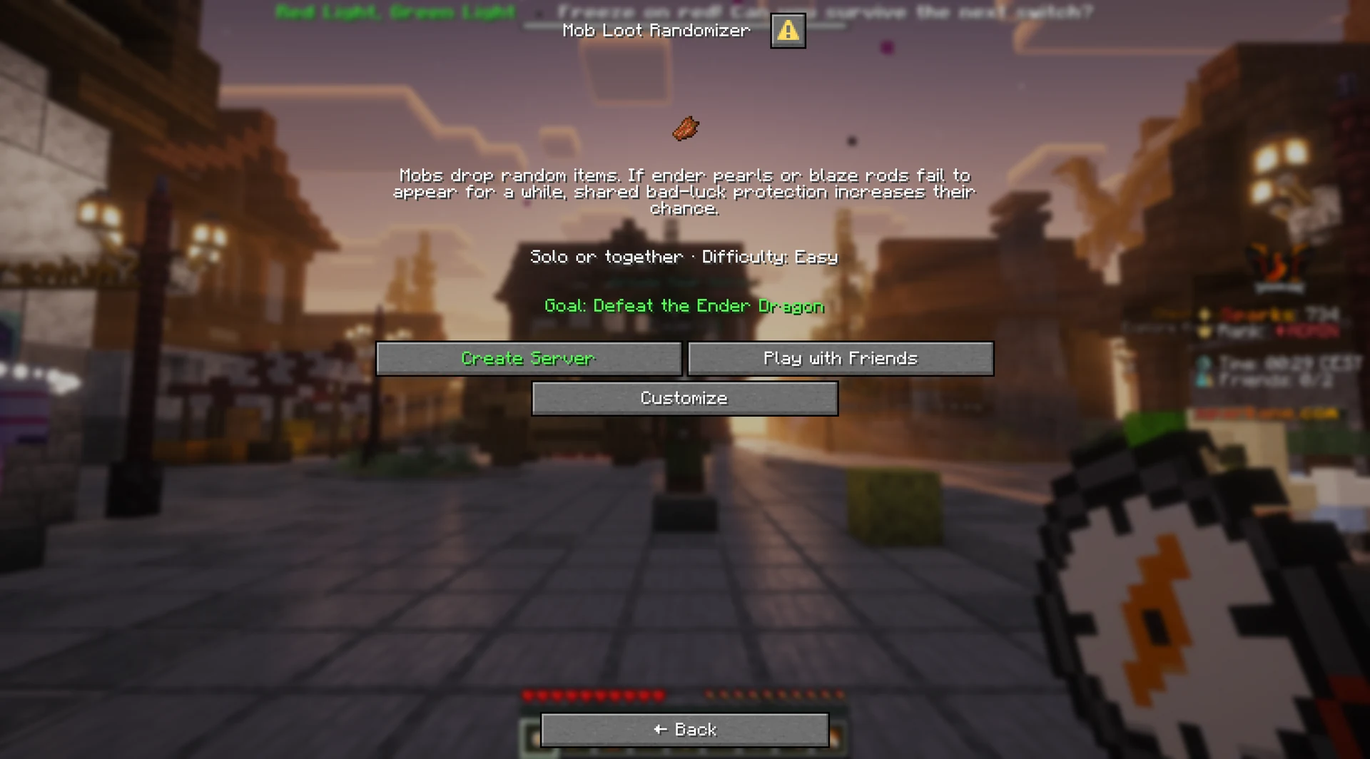 The Mob Loot Randomizer preset details in the Sparkane lobby, with Start and Customize actions.