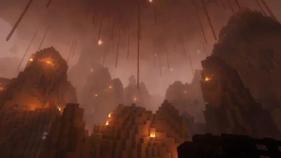 Weite Nether-Landschaft mit hohen Felsformationen und herabhängenden Ranken.