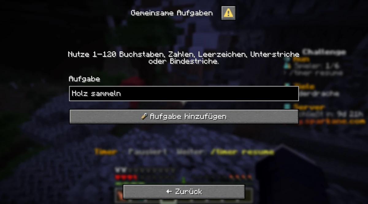 Das Aufgabenmenü in Minecraft mit dem noch nicht gespeicherten Beispiel „Holz sammeln“