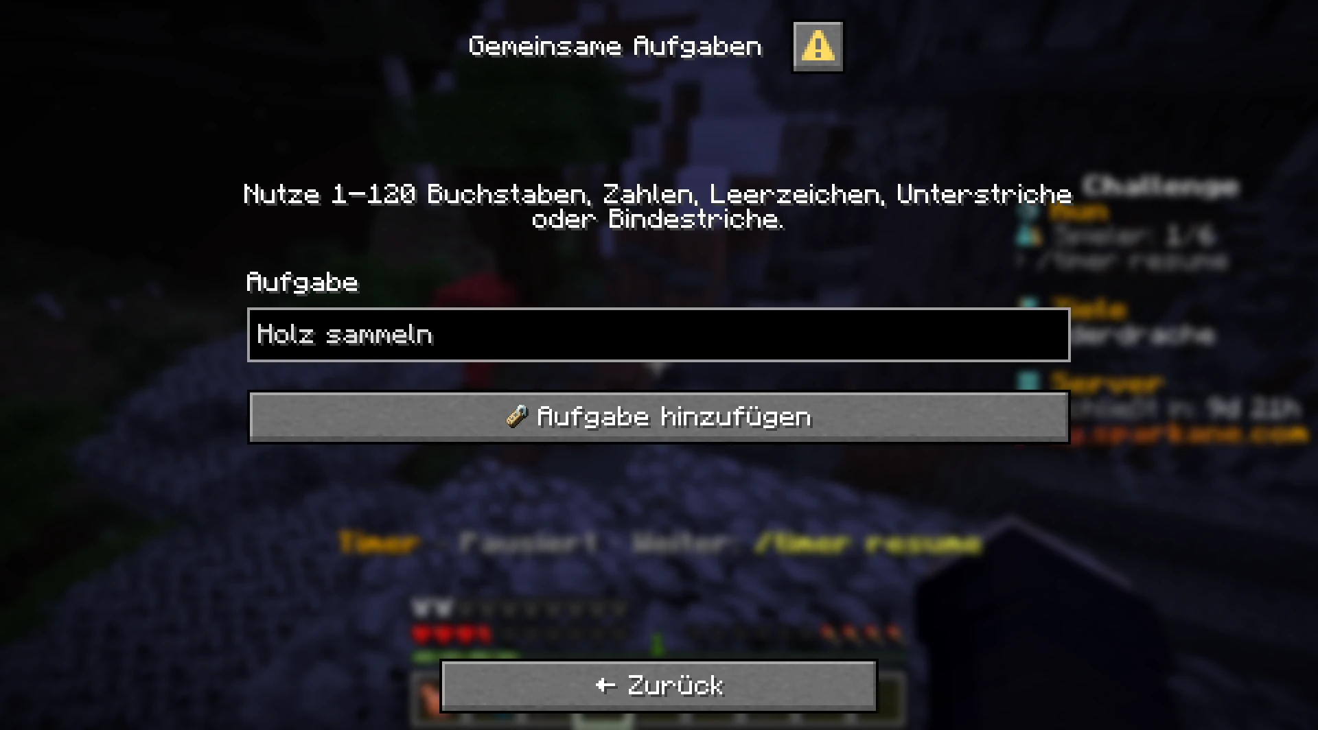 Formular zum Hinzufügen eines Tasks mit „Holz sammeln“ im Textfeld