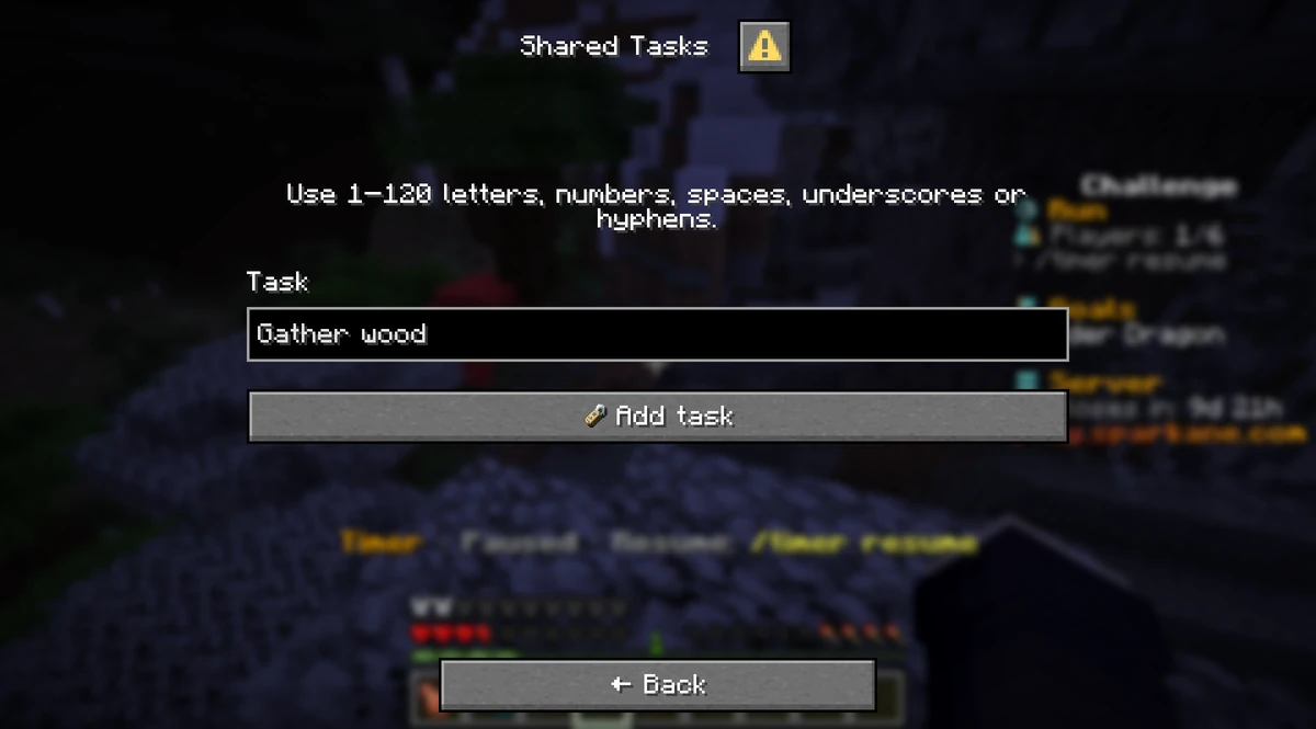 The Minecraft task form with the unsaved example “Gather wood”